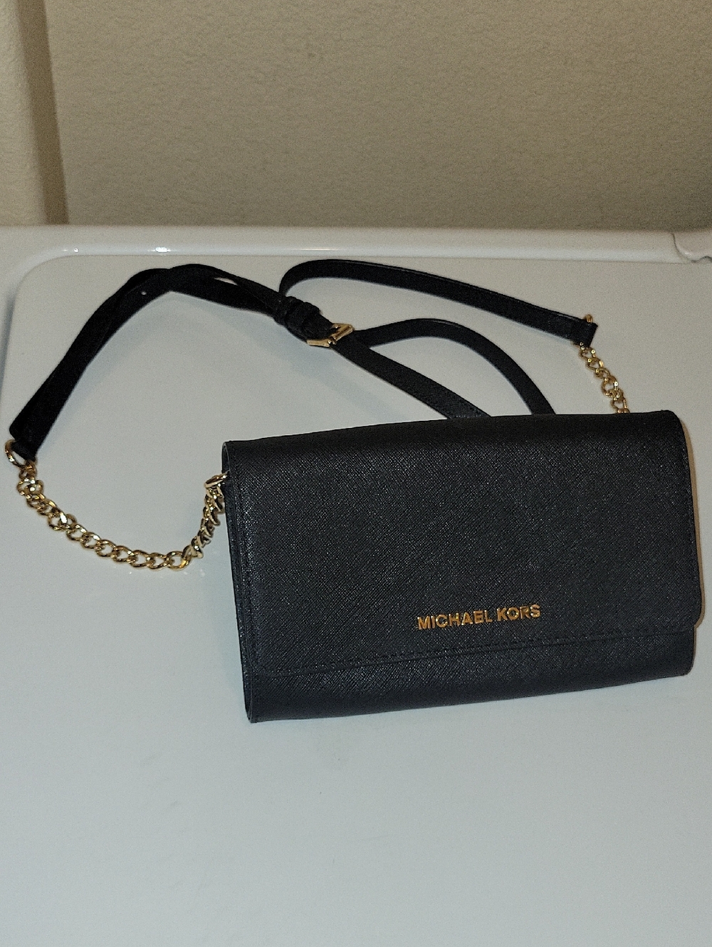 Michael Kors Black Crossbody Wallet with Gold Chain Accent